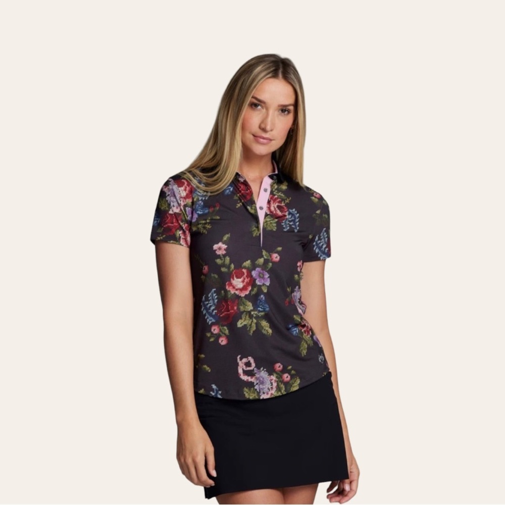 Greyson Ladies ON POINT SCARLETT POLO needlepoint print Large